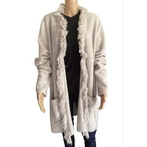 J.Jill Pure Jill Oatmeal Fringe Trim Open Front Cardigan Sweater Shaggy Boho L